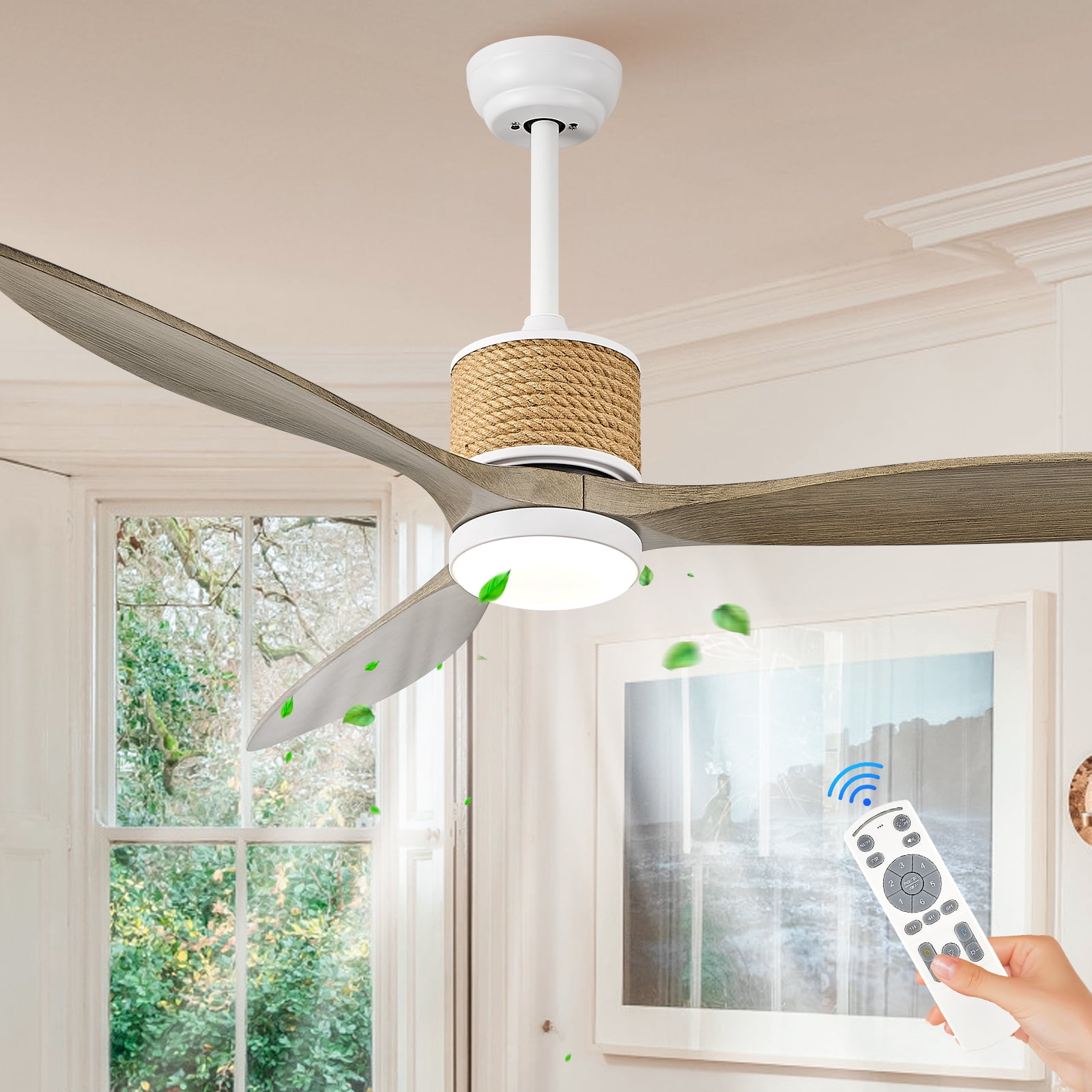 60in Boho White Ceiling Fan Lights with Remote Control 3 Blade Hemp Rope Ceiling Fans with Light Coastal Weathered Wood Ceiling Fan Outdoor Farmhouse Fan Light for Patio Living Room Kitchen