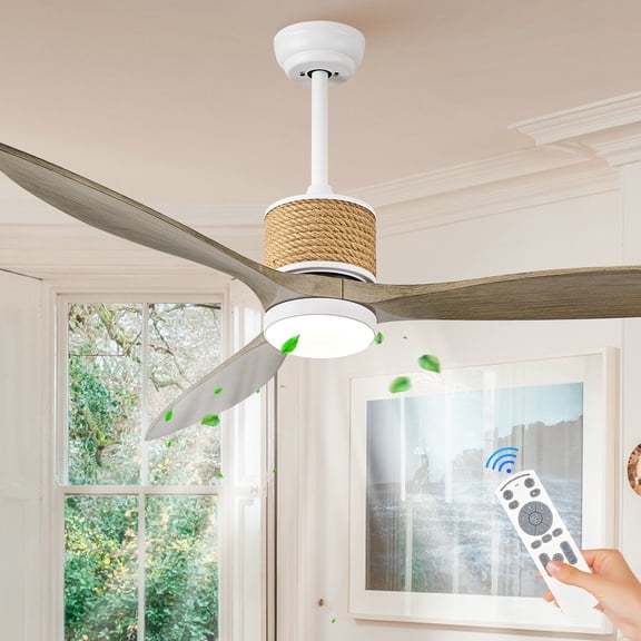 60in Boho White Ceiling Fan Lights with Remote Control 3 Blade Hemp Rope Ceiling Fans with Light Coastal Weathered Wood Ceiling Fan Outdoor Farmhouse Fan Light for Patio Living Room Kitchen