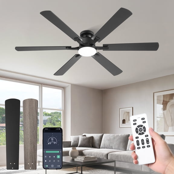 Lokivas 60in Ceiling Fan with Light and Remote Control, Flush Mount Ceiling Fan with Reversible 6 Speeds DC Motor, 6 Dual Finish Blades for Indoor, Black