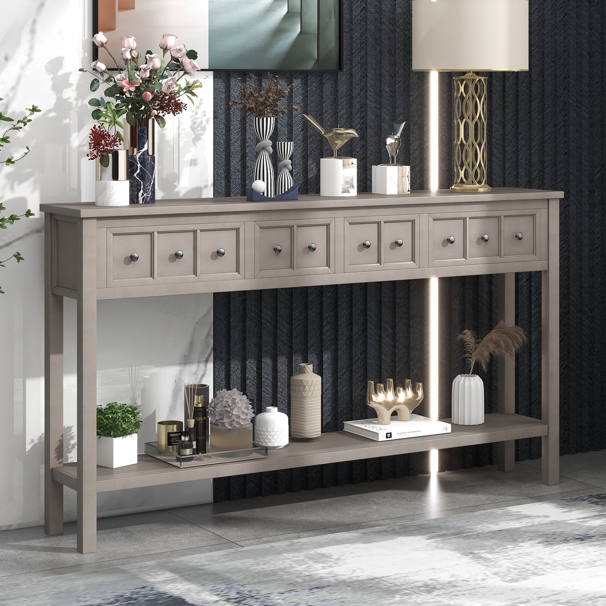 60in Entry Console Table with 4 Drawers and Bottom Open Shelf, Entryway Hallway Foyer Sofa Table, 220lbs Weight Capacity (Gray Wash)