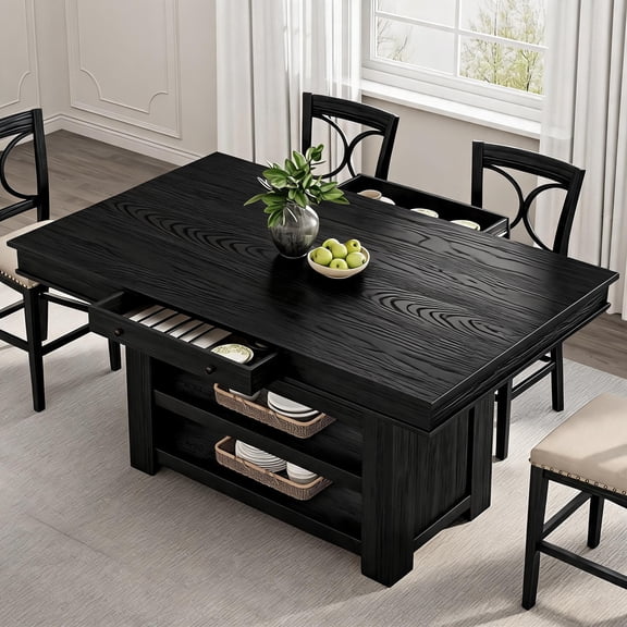 60in Farmhouse Counter Height Dining Table Tall Rectangular Bar Table Thick Top, Deep Wine Rack, Storage Shelves Ideal for Kitchen, Dining, Bar, ApartmentTable Only