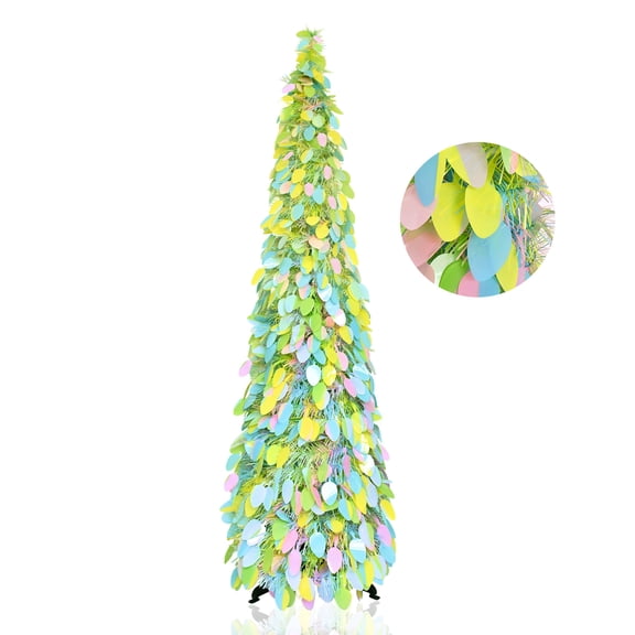 60in LED Easter Tree with White Dots and Colored Egg Ornaments, Collapsible Artificial Holiday Tree for Fireplace, Tabletop, Seasonal Home Party Decoration