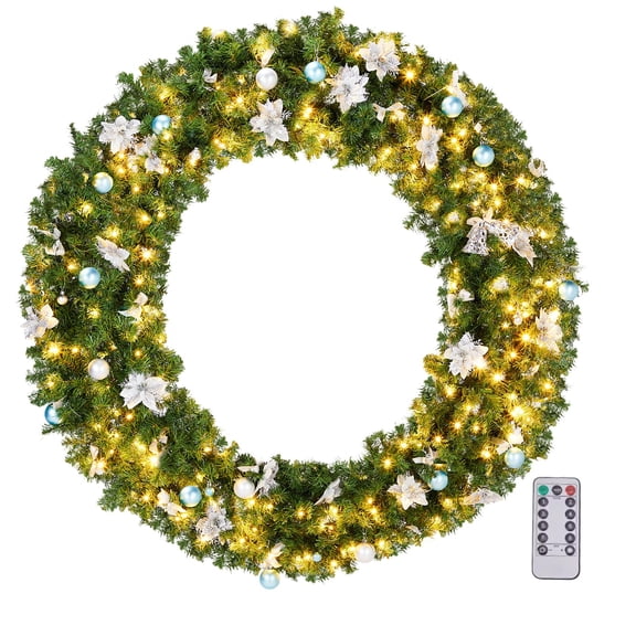 60in Lighted Artificial Christmas Wreath, 600 PVC Tips, 220 Warm/Cold White LEDs (11 Modes), DIY Ornaments for Front Door/Mantel/Gate