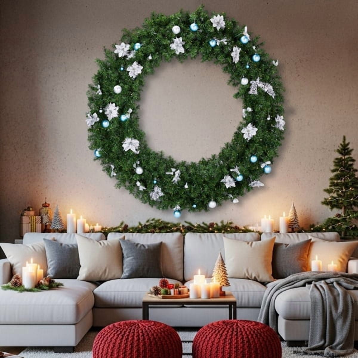60in Lighted Artificial Christmas Wreath, 600 PVC Tips, 220 Warm/Cold White LEDs (11 Modes), DIY Ornaments for Front Door/Mantel/Gate