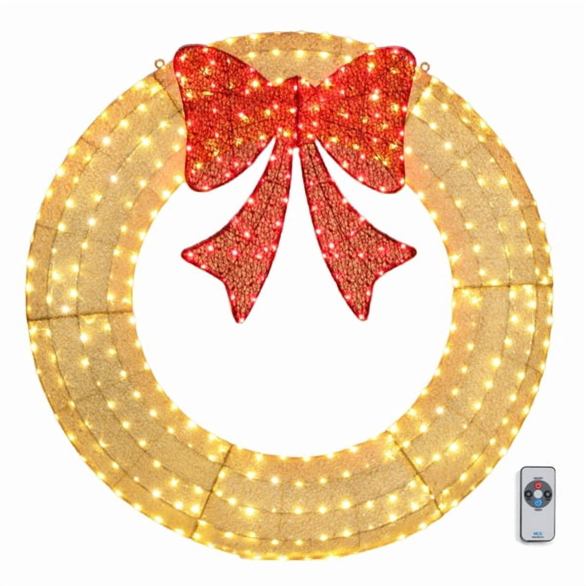 60in Pre-Lit Outdoor Christmas Wreath - 400 Warm White LED Lights, Gold Frame with Red Bow, Timer Remote Control, Weather-Resistant