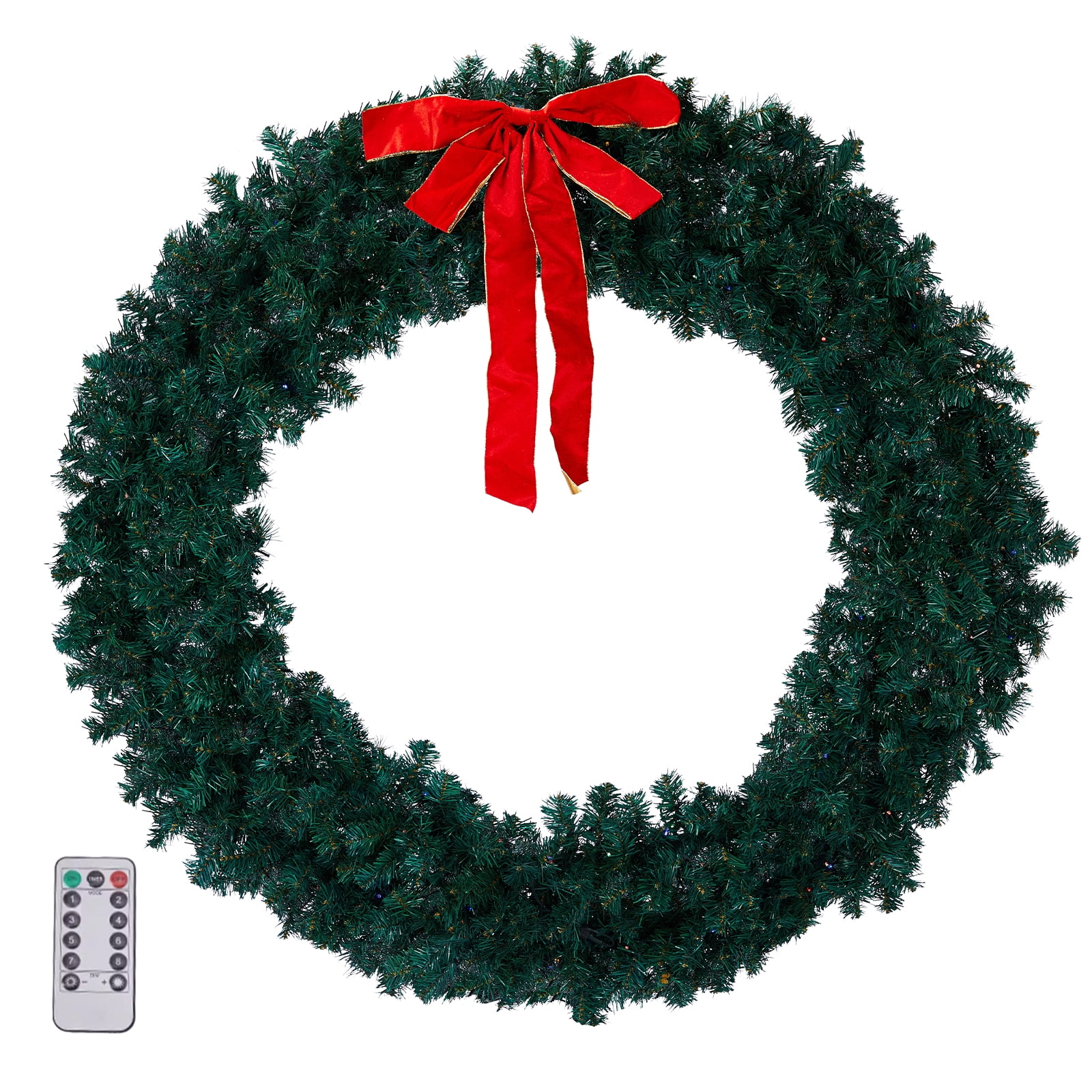 60in Pre-lit Christmas Wreath, Lighted Artificial Xmas Wreath with 220 Warm & Multi-color Lights and 600 PVC Tips, Remote Control Stepless Dimming, for Front Door Gate Wall Xmas Party Decorations