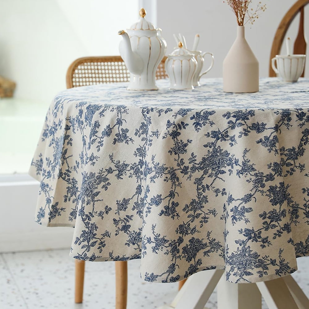60in Round Dark Blue Floral Pastoral Farmhouse Tablecloth Cover