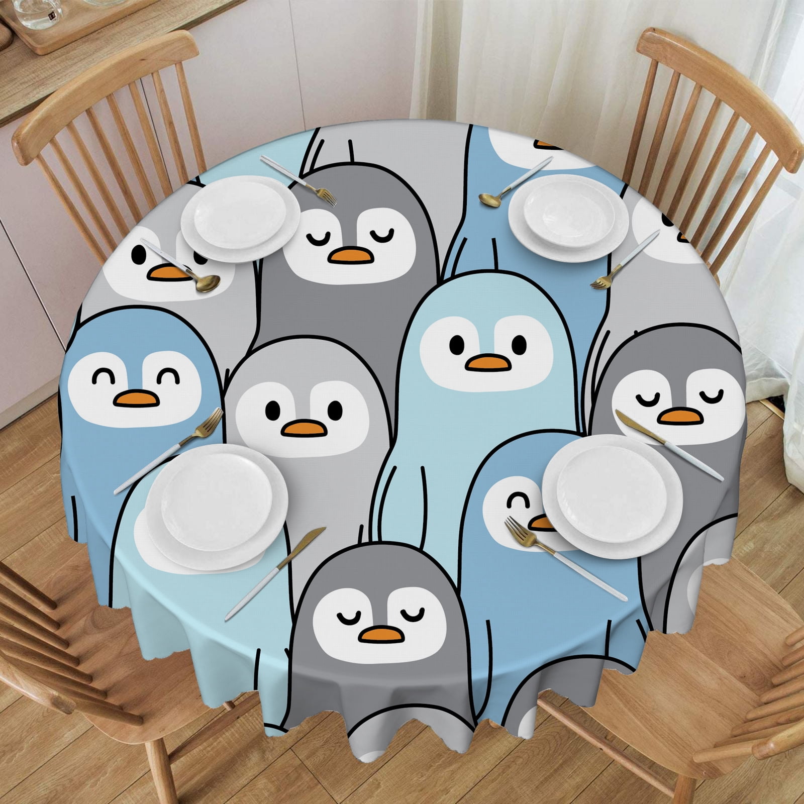 60in Round Tablecloth Cute Penguin Indoor Outdoor Stain and Wrinkle