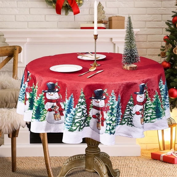 60in Snowman Red Jacquard Damask Fabric Round Christmas Tablecloth