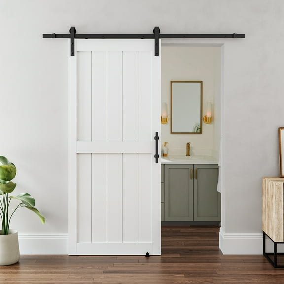 60in. W x 84in. H White Sliding MDF Barn Door with Black Sliding Door Hardware Kit & Handle, Pre-Drilled Ready to Assemble, Waterproof PVC Coating, H-Frame
