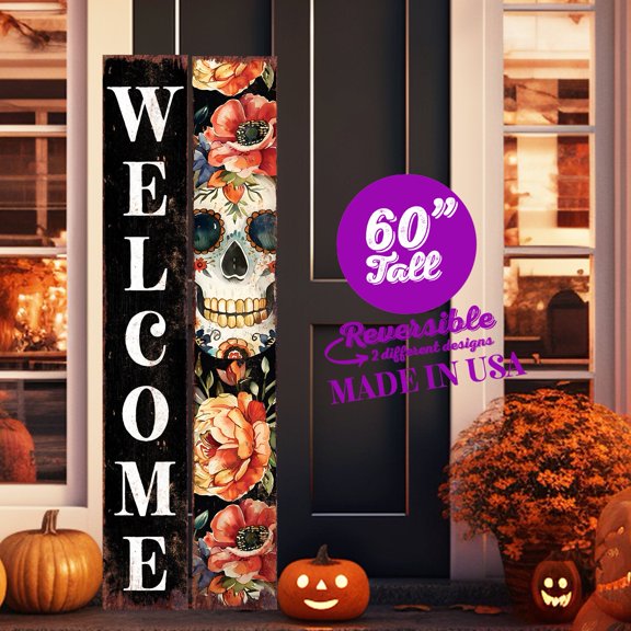 Vibrant Dia de los Muertos Porch Sign - Reversible Sugar Skull Welcome