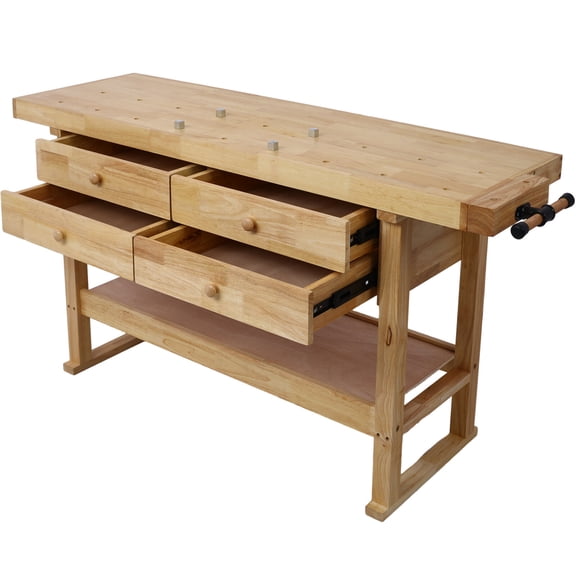 60in Wooden Workbench with 4 Drawers and Heavy-Duty Cast Iron Vise for Garage Workshop, Natural Rubber Wood Work Table for Home and Professional Use