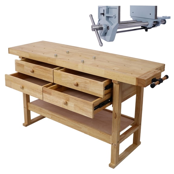 , 60in Workbench with 4 Drawers Wooden Workbench for Garage Workshop and Home, with Rapid Action Woodworking Vise 9 Inch Jaw Width Made with Heavy-Duty Cast Iron ,GRAY, Natural ,Rubber Wood ,