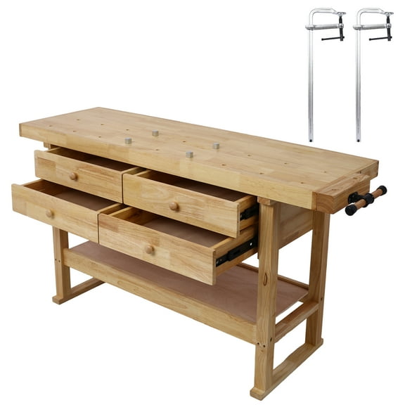 60in Workbench with 4 Drawers Wooden Workbench for Garage Workshop and Home, with Bar Clamps Set 20 inch x 4-3/4 inch Throat,Pack of 2,