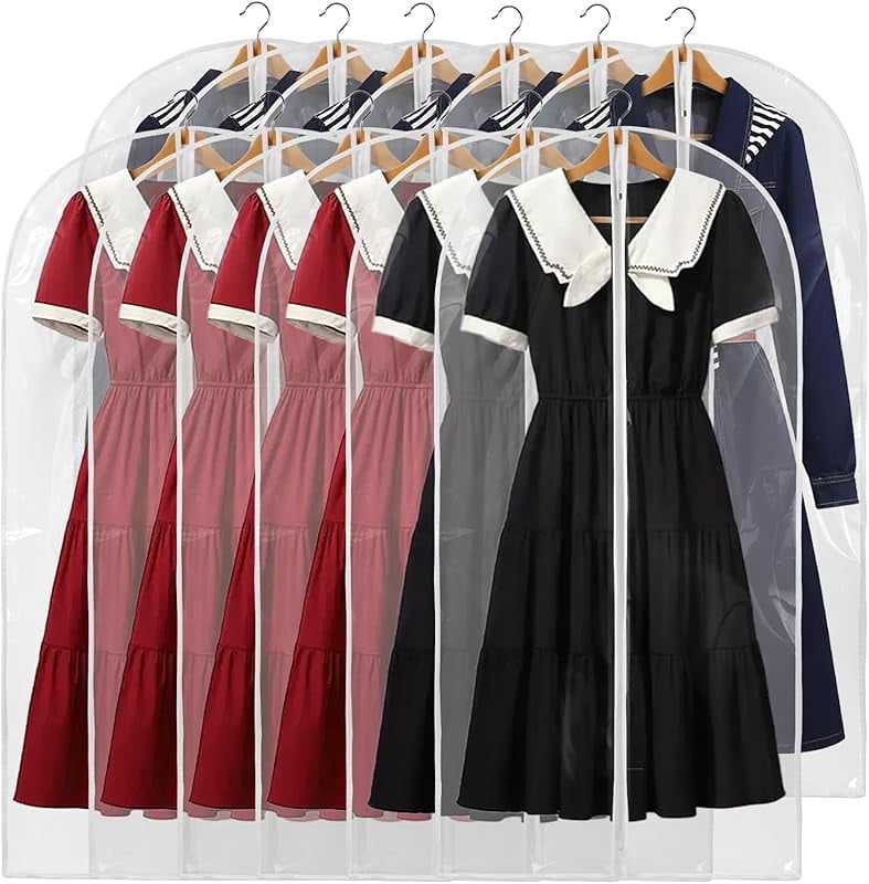 60inch (Approx. 152.4cm ) Garment Bags, Pack of 12 Transparent Clothing Bags for Hanging Clothes, Plastic Waterproof Garment Covers with Zipper, Suitable for Dresses, Coats, Uniforms (12-Piece Set)