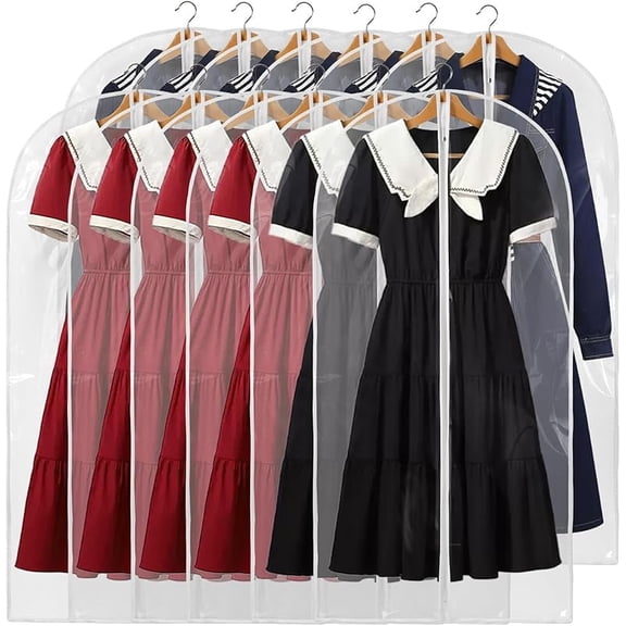 60inch (Approx. 152.4cm ) Garment Bags, Pack of 12 Transparent Clothing Bags for Hanging Clothes, Plastic Waterproof Garment Covers with Zipper, Suitable for Dresses, Coats, Uniforms (12-Piece Set)