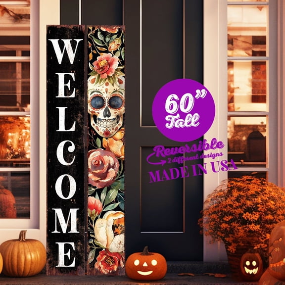 Day of the Dead Porch Welcome Sign - Reversible Vintage Sugar Skull Art