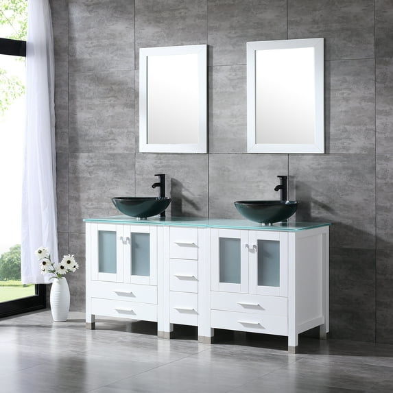 60inch White Bathroom Vanity Cabinet Optional Double Sink Tempered Glass Top Mirror for Standard Bathroom