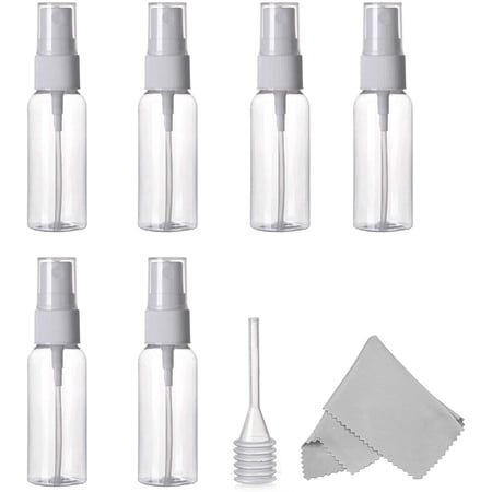 60ml /2 oz. Spray Bottles, Empty Plastic Clear Small Travel Bottles With Fine Mist Sprayer for Cleaning Solutions and Essential Oils, Pack of 6 Plus Cleaning Cloth and Dropper