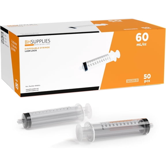60ml Luer Lock Tip Syringes (No Needle) - Sterile, Individually Wrapped - 50 Syringes