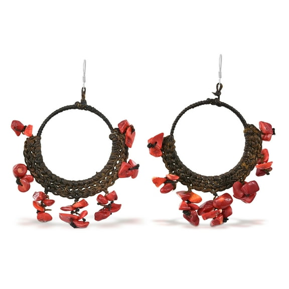 60mm Hoop Chandelier Drop Red Coral .925 Silver Earrings