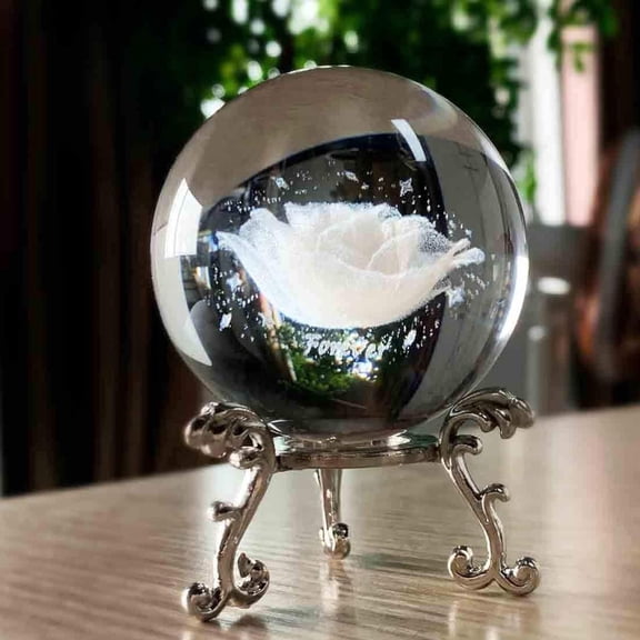 60mm Inner Engraved Rose Flower Ball Paperweight with Sliver Stand Glass Sphere Rose Figurines Collectible Fengshui Decorative Ball Decor Gifts