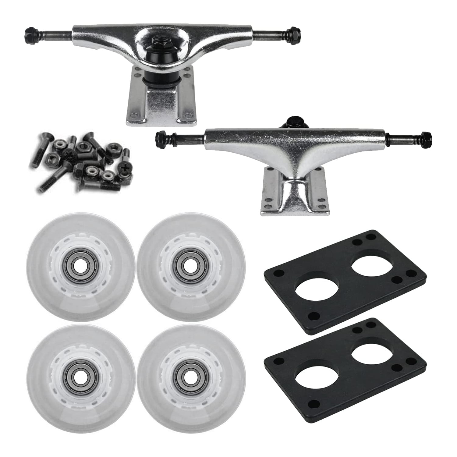 60mm White LED WHEELS Night Light Skateboard Combo Trucks/Bearings/Risers