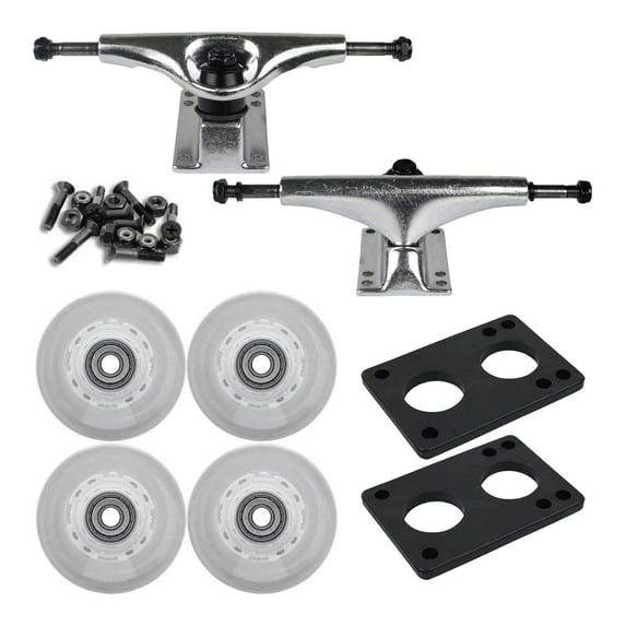 60mm White LED WHEELS Night Light Skateboard Combo Trucks/Bearings/Risers