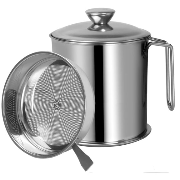 60oz/1.8L Grease Container,Oil Container Grease Can with Dust-proof Lid Non-slip Tray for Storing Hot Frying Oil Fat,Oil Filter Pot with Fine Mesh Strainer,Topboutique Cooking Oil Keeper,Silver