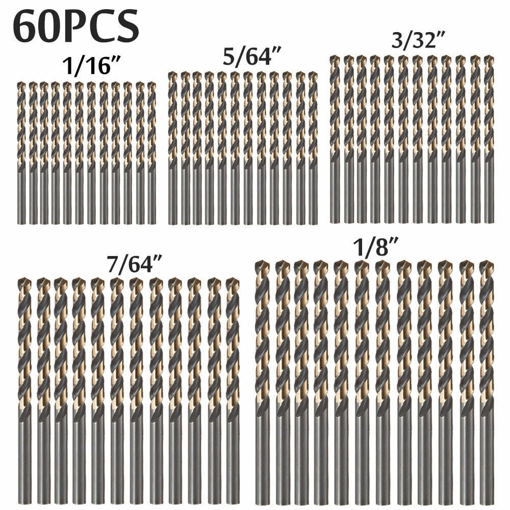 60pcs 1/16~1/8 Inch Twist Drill Bits Black and Gold Finish Metal drill HSS