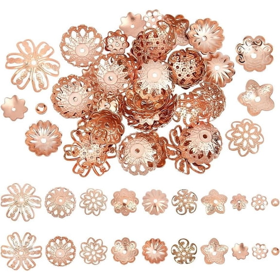 60pcs 10 Styles 0.5/1/1.2mm Hole 304 Stainless Steel Bead Cap Rose Gold Fancy Hollow Bead End Caps Multi-Petal Flower Spacers Bead Metal End Charm Caps Loose Beads for Jewelry Making Rose Gold