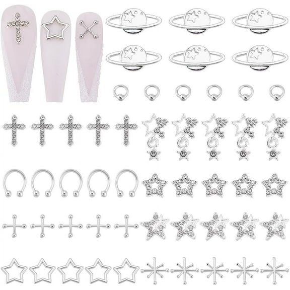 60pcs 10 Styles Alloy Nail Charms Star/Snowflake/Nail Art Charms Nail Jewels Rhinestones 3D Nail Charms DIY
