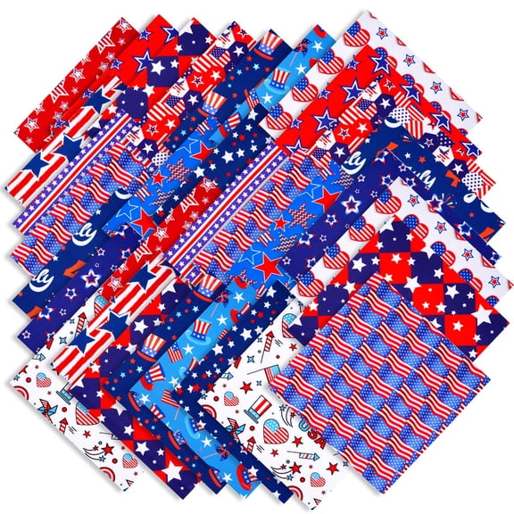60pcs 10x10 Inch Patriotic Fabric Squares 4th of July Quilting Fabric Bundles Precut Patchwork