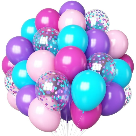 60pcs 12 Inch Latex Hot Pink Purple Teal Pastel Pink Confetti Balloons, Pink Blue Purple Balloons for Girls Magic Theme Birthday, Baby Shower, Princess Party Decorations