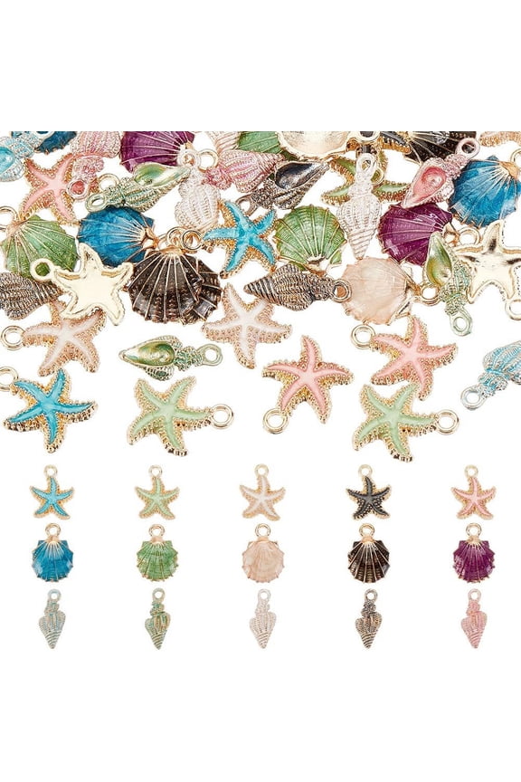 60pcs 15 Styles Starfish Charms Enamel Shell Pendants Metal Spiral Shell Charms Ocean Seashell Dangle Charms Beads for Beach Summer Hawaii Earring Necklace Bracelet Jewelry Making