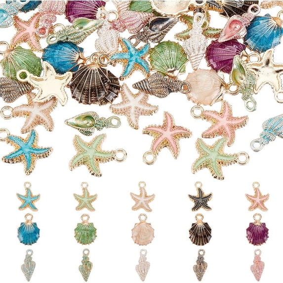 60pcs 15 Styles Starfish Charms Enamel Shell Pendants Metal Spiral Shell Charms Ocean Seashell Dangle Charms Beads for DIY Making