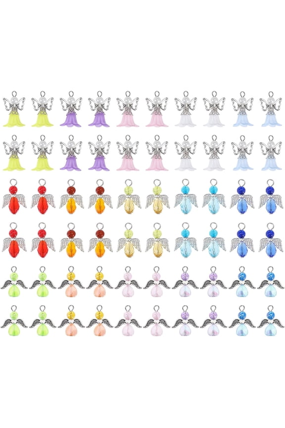 60pcs 15styles Angel Wings Charms Angel Fairy Guardian Dangle Pendants Colorful Glass Heart Flower Beads Charms for DIY Jewelry Making Findings Crafts Supplies