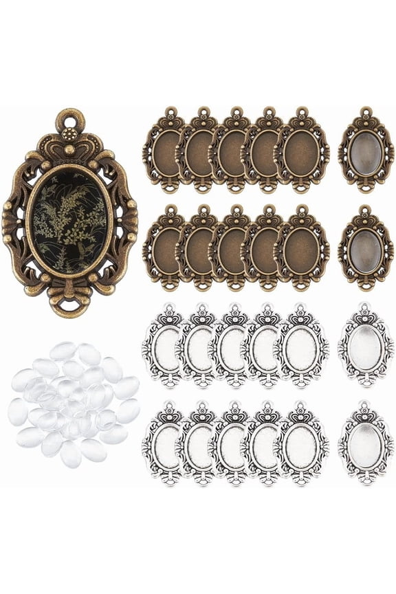 60pcs 2 Colors Oval Fancy Tibetan Style Pendant Cabochon Setting Trays Pendant Blank Dome Bezel Charm with Glass Cabochons for DIY Photo Crafts Necklace Jewelry Making Tray 14x10mm