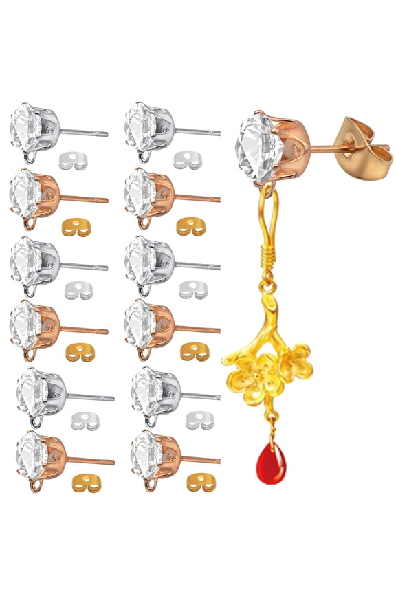 60pcs 2 Colors,Zirconia Earring Posts with Loop Hypoallergenic Rhinestone Earring Studs and 60pcs Butterfly Earring Backs for DIY Jewelry Making Crafts Decor