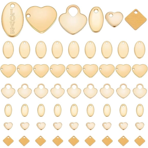 60pcs 24K Gold Plated Stamping Charms 304 Stainless Steel Stamping Tag Pendants 6 Style Heart Oval Stamping Blank Tags for Bracelet Necklace Jewelry DIY Craft Gift Making