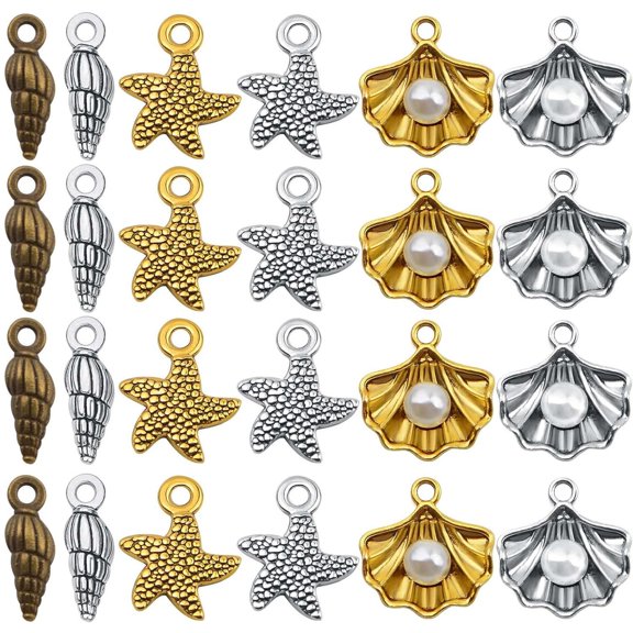 60pcs 3 Colors Antique Alloy Mixed Ocean Life Charms Sea Animal Starfish Seashell Conch Pendants Charms Craft Supplies for DIY Jewelry Making Birthday Party Gifts, 3 Styles