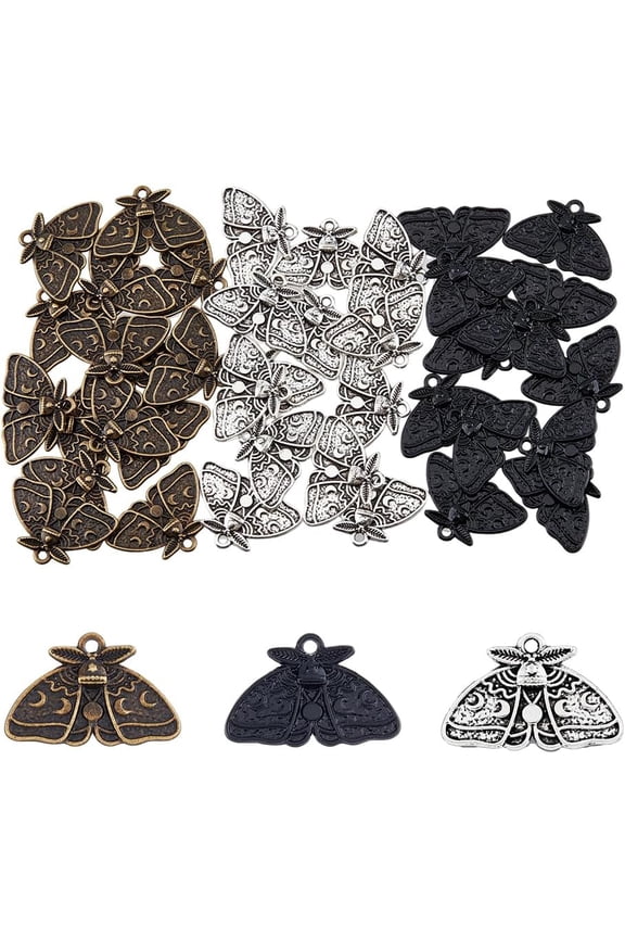 60pcs 3 Colors Gothic Luna Moth Pendants Tibetan Wiccan Bronze/Silver/Black Animal Alloy Charms for Jewelry Making Hole: 1.8mm Mixed Color