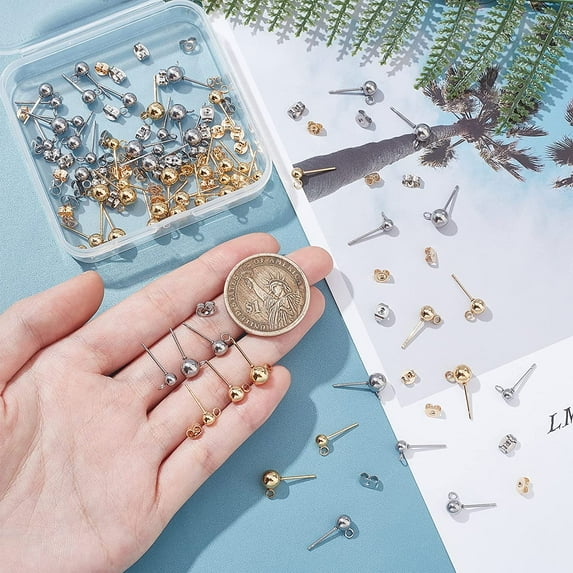 60pcs 3 Sizes 2 Colors Stainless Steel Ball Post Earring Studs with Loop Round Ball Earrings Spherical Earring Findings with 2 Sizes Butterfly Ear Back for Jewelry Making,Pin:0.7mm