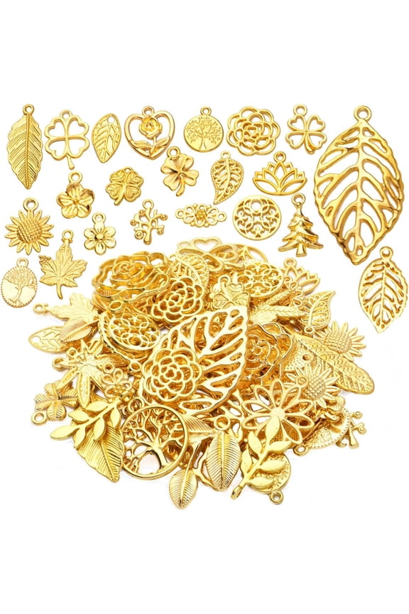 60pcs 30 Styles Gold Plated Leaves Flowers Charms Tree of Life Pendants Charm Alloy Jewelry Making Accessory for DIY Necklace Bracelet Earrings Crafts Supplies,