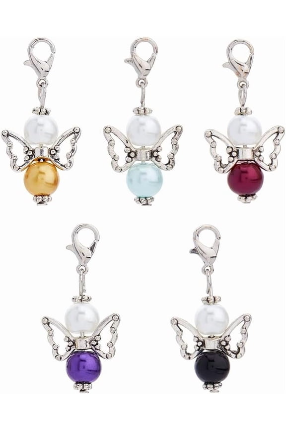 60pcs 5 Colors Angel Wing Charms Acrylic Pearl Beads with Lobster Clasps Guardian Angel Charms