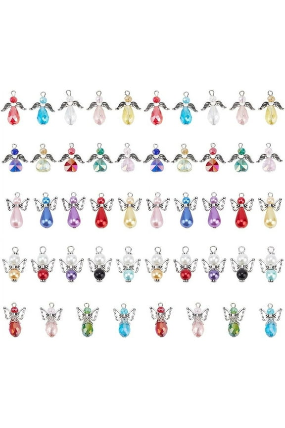60pcs 5 Style Angel Wing Charm Dangle Charms Pendants Pearl Beads Glass Drop Beads with Silver Alloy Bead Cap