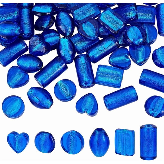60pcs 6 Styles Foil Glass Beads 0.6~0.9 inch Blue Lampwork Beads Heart/Flat Round/Rectangle Loose Spacer Bead Craft Bead