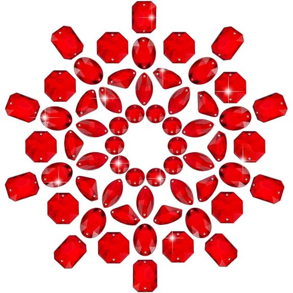 60pcs 6 Styles Sewing Gems Red Crystals Sewing Gems Jewels Triangle/Horse Eye/Oval/Rectangle Flatback Rhinestones Sew On Rhinestones for Clothes Wedding Dress Costume Garment DIY Crafts DIY