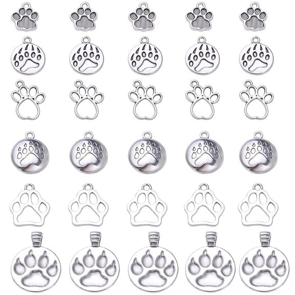 60pcs 6 StylesSilver Bear Dog Cat Footprint Charms Tibetan Alloy Animal Paw Prints Pendants Cute Bear Footprint for DIY Bracelet Earrings Necklace Jewelry Making
