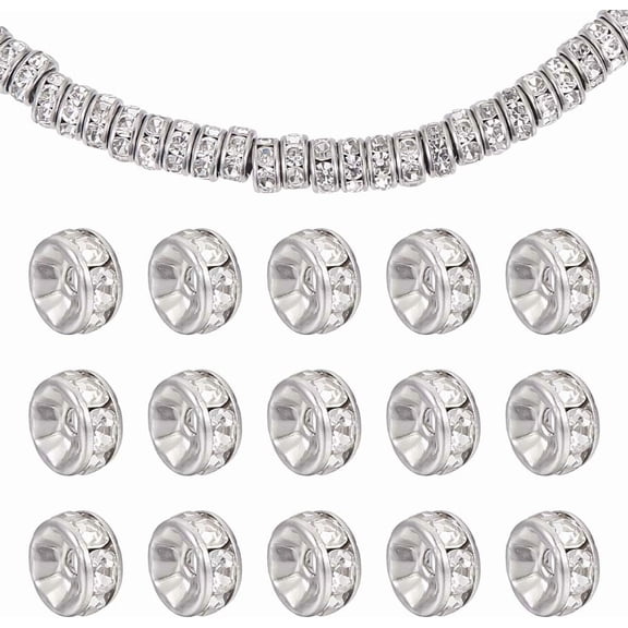 60pcs 6mm Disc Spacer Beads 316 Stainless Steel with Clear Rhinestone Beads Flat Round Bead Spacer Rhinestone Bead for Jewelry Making Findings Hole 1mmStainless Steel Color